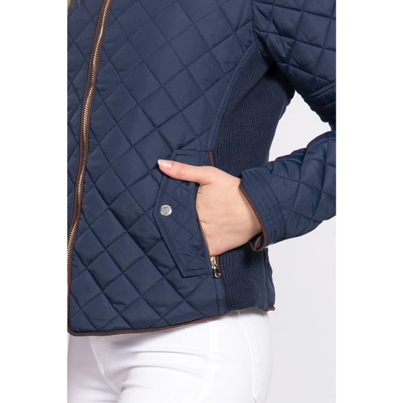 Suede Piping Detail Knit Rib Quilted Padding Jacket Navy Blue - Picture 6 of 6